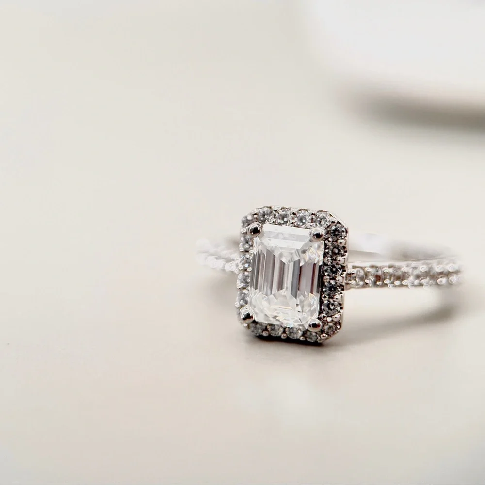 1.35ctw S925 Moissanite Emerald Cut Halo Engagement Ring 18K Gold Plate